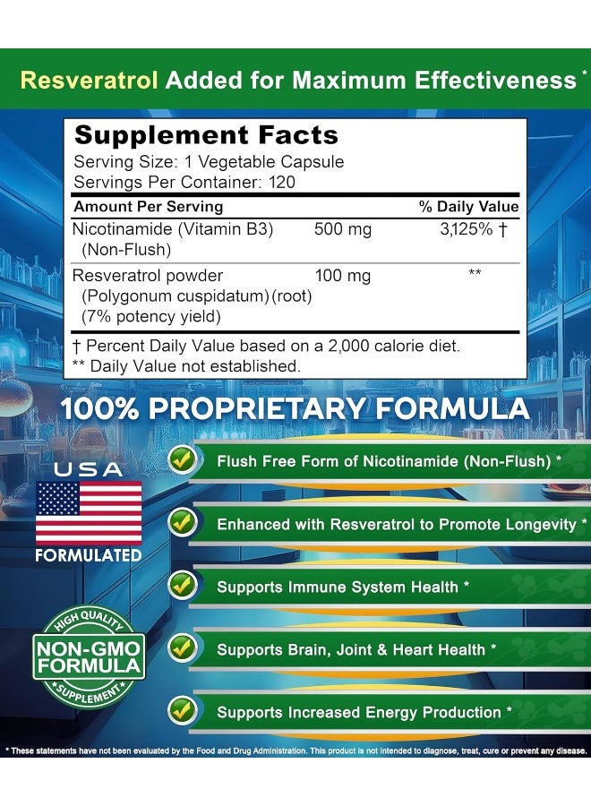 aSquared Nutrition Nicotinamide with Resveratrol - 120 Veggie Capsules - Vitamin B3 500mg (Niacinamide Flush Free) - Image 4