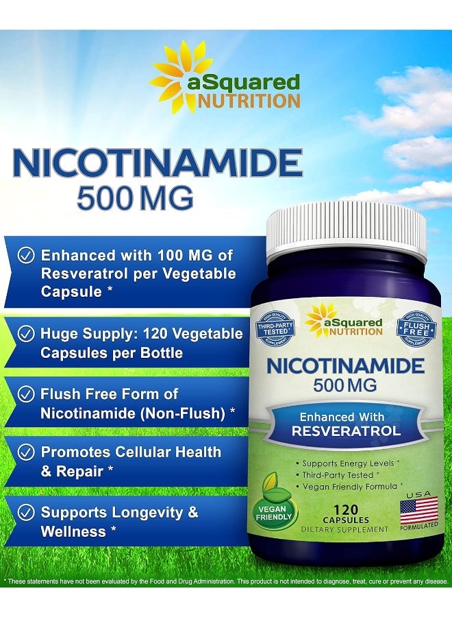 aSquared Nutrition Nicotinamide with Resveratrol - 120 Veggie Capsules - Vitamin B3 500mg (Niacinamide Flush Free) - Image 2
