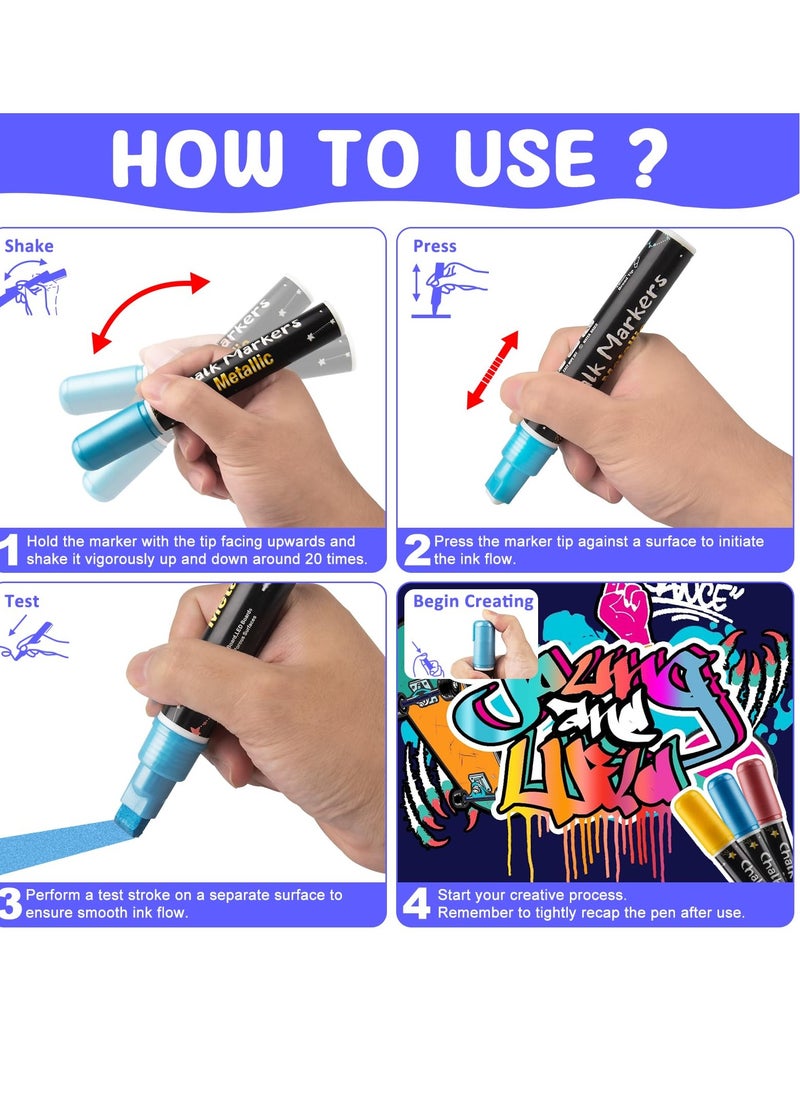 SYOSI Metallic Liquid Chalk Markers for Chalkboard, 8 Colors Jumbo Liquid Chalk Marker with 10mm Thick Tips, Big Chalkboard Markers, Car Window Paint Markers Pen for Glass, Auto, Windshield  - Image 2