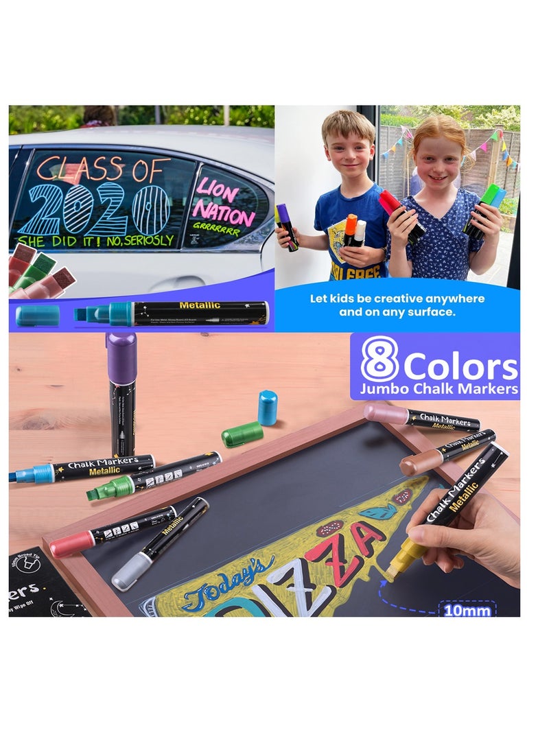 SYOSI Metallic Liquid Chalk Markers for Chalkboard, 8 Colors Jumbo Liquid Chalk Marker with 10mm Thick Tips, Big Chalkboard Markers, Car Window Paint Markers Pen for Glass, Auto, Windshield  - Image 4