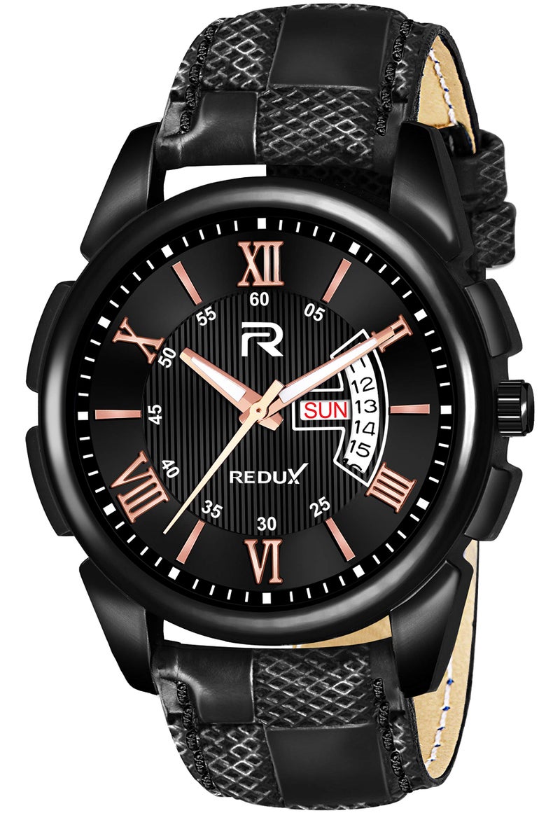 REDUX Analogue Black Linear Designer Dial Leather Watch for Men's RWS0214S - Image 1