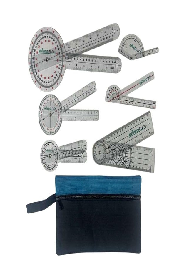AnthroFlex Goniometer Set of 6 with Bag : 12", 8", 6", 180, Finger, Spinal - To Measure Range of Motion of Joints For Physical Therapy and Occupational Therapy - CM and Inches, Made of Durable Plastic - Image 1