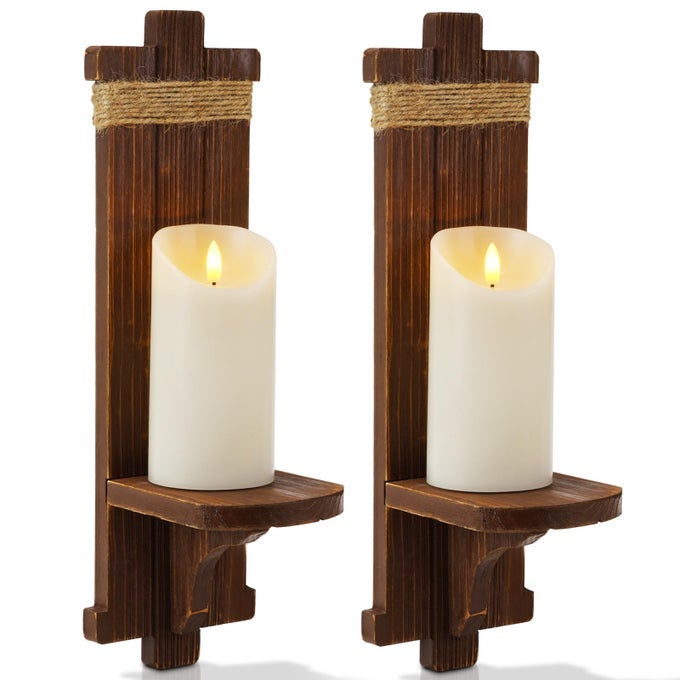 WALL SCONCES CANDLE HOLDER SET OF 2 FARMHOUSE WOODEN RUSTIC WALL DECOR FOR LIVING ROOM DINING ROOM BEDROOM BATHROOM BROWN