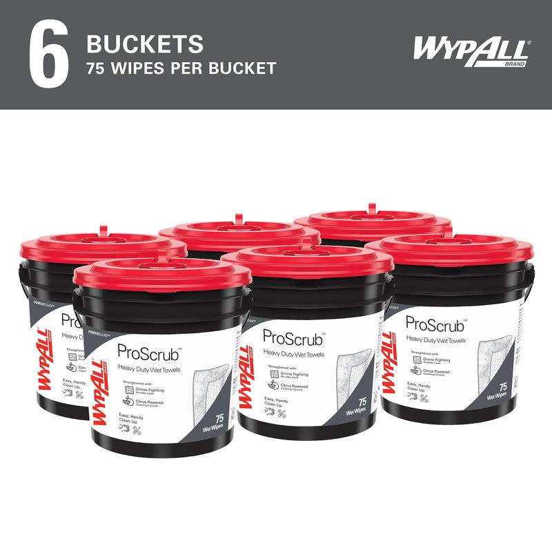 WypAll PowerClean ProScrub Heavy Duty Wet Towels (91371), Dual Action Cleaning, Large 9.5" x 12" Wipes, Bucket Included (6 Containers of 75 Sheets, 450 Sheet Total) - Image 2