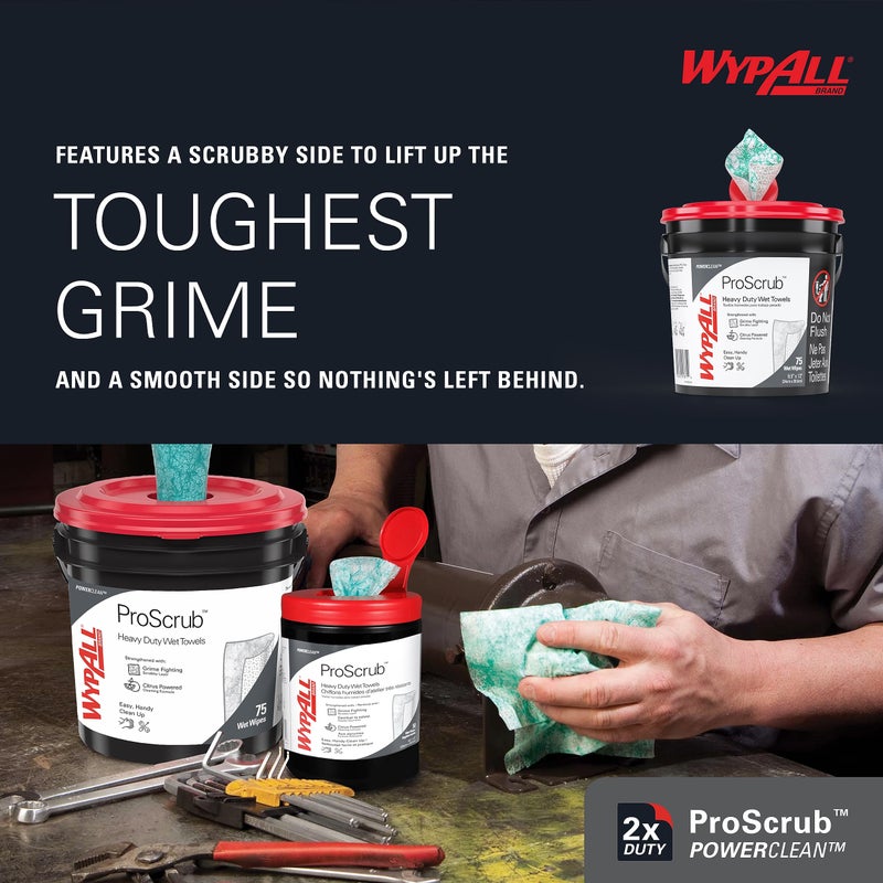 WypAll PowerClean ProScrub Heavy Duty Wet Towels (91371), Dual Action Cleaning, Large 9.5" x 12" Wipes, Bucket Included (6 Containers of 75 Sheets, 450 Sheet Total) - Image 5