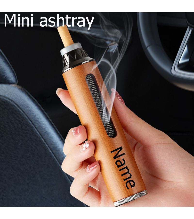 Blue Portable Car Cup Holder Ashtray Personalized Custom Name Spill Proof One Button Open Wooden Design - Image 1