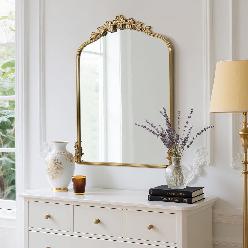 WallBeyond Gold Antique Mirror for Vanity 24x32 Inch, Gold Vintage Mirror with Ornate Frame, Arched Vintage Wall for Bathroom, Living Room, Fireplace - Image 4