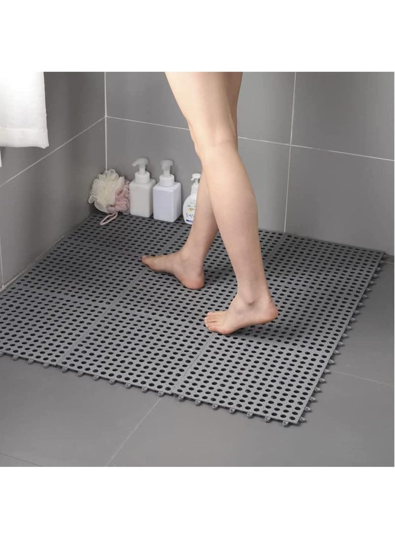 GUDOO طقم مكون من 12 قطعة بلاط أرضية مترابط غير قابل للانزلاق مع فتحات تصريف، بمقاس 11.8 × 11.8 بوصة، حصيرة استحمام من PVC ناعمة مع أكواب شفط، فتحات تصريف للحمام، المطبخ، وحمامات السباحة (رمادي) - Image 2