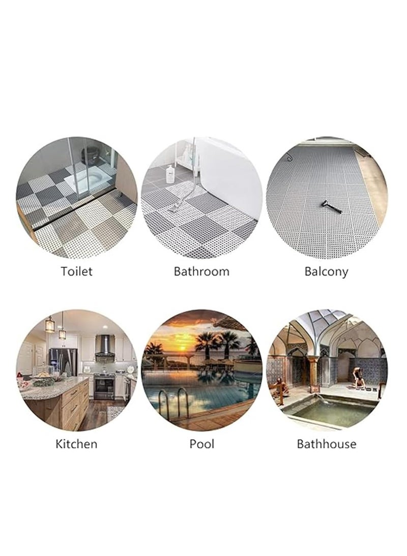 GUDOO طقم مكون من 12 قطعة بلاط أرضية مترابط غير قابل للانزلاق مع فتحات تصريف، بمقاس 11.8 × 11.8 بوصة، حصيرة استحمام من PVC ناعمة مع أكواب شفط، فتحات تصريف للحمام، المطبخ، وحمامات السباحة (رمادي) - Image 3