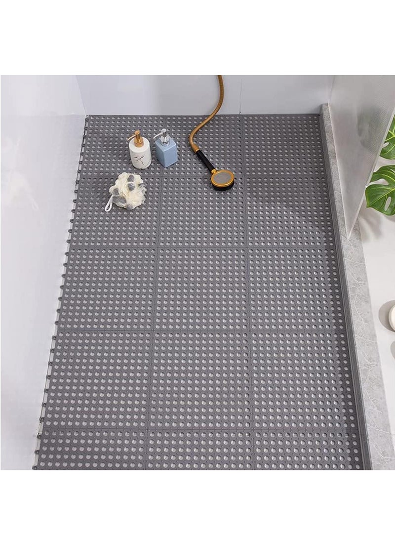 GUDOO طقم مكون من 12 قطعة بلاط أرضية مترابط غير قابل للانزلاق مع فتحات تصريف، بمقاس 11.8 × 11.8 بوصة، حصيرة استحمام من PVC ناعمة مع أكواب شفط، فتحات تصريف للحمام، المطبخ، وحمامات السباحة (رمادي) - Image 1