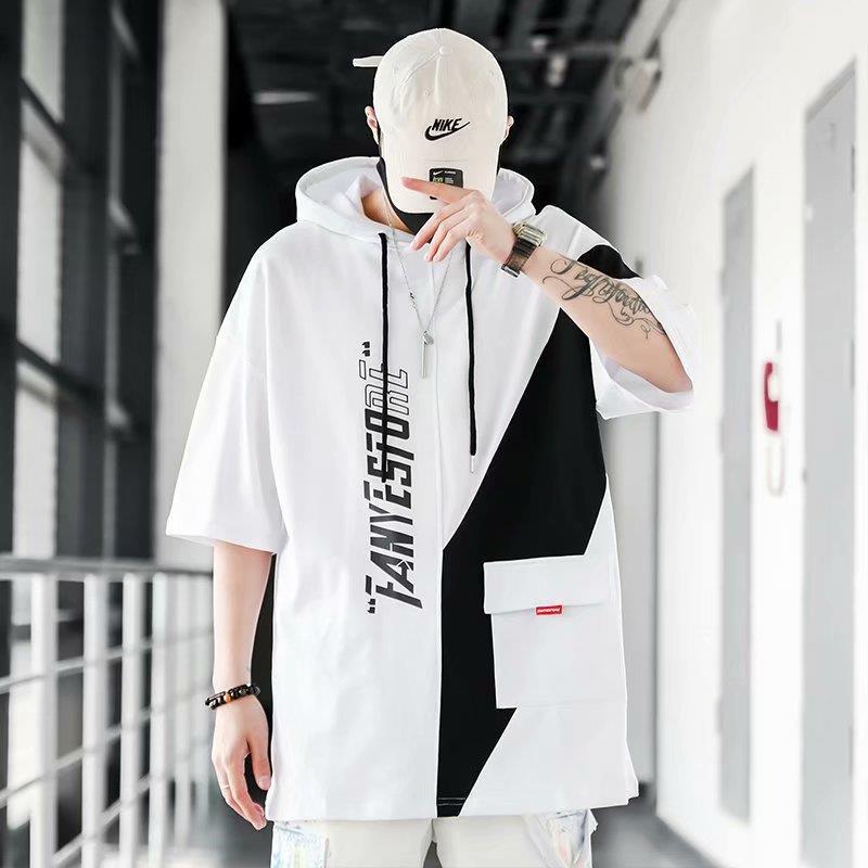 Japanese Style Retro Short-Sleeved Men'S Ins Brand Contrast Color Pocket Half-Sleeved T-Shirt Summer Loose All-Match Hooded Round Neck T-Shirt - Image 5