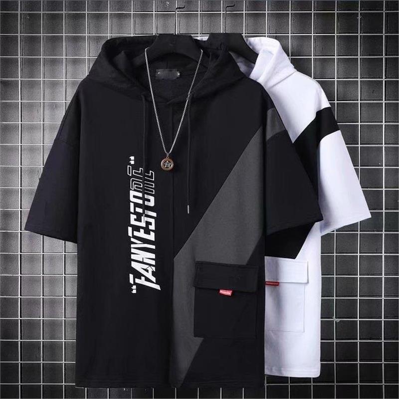 Japanese Style Retro Short-Sleeved Men'S Ins Brand Contrast Color Pocket Half-Sleeved T-Shirt Summer Loose All-Match Hooded Round Neck T-Shirt - Image 2