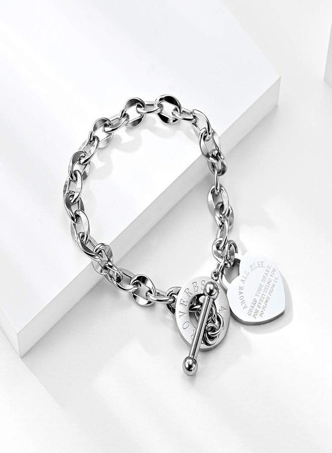 VQYSKO Heart Charm Bracelet for Women-18k Gold Plated Silver/Rose Gold OT Clasp Stainless Steel Bangle，Mother's Day Valentine's Day Christmas Birthday Gift (Silver, 6.7inch) - Image 2