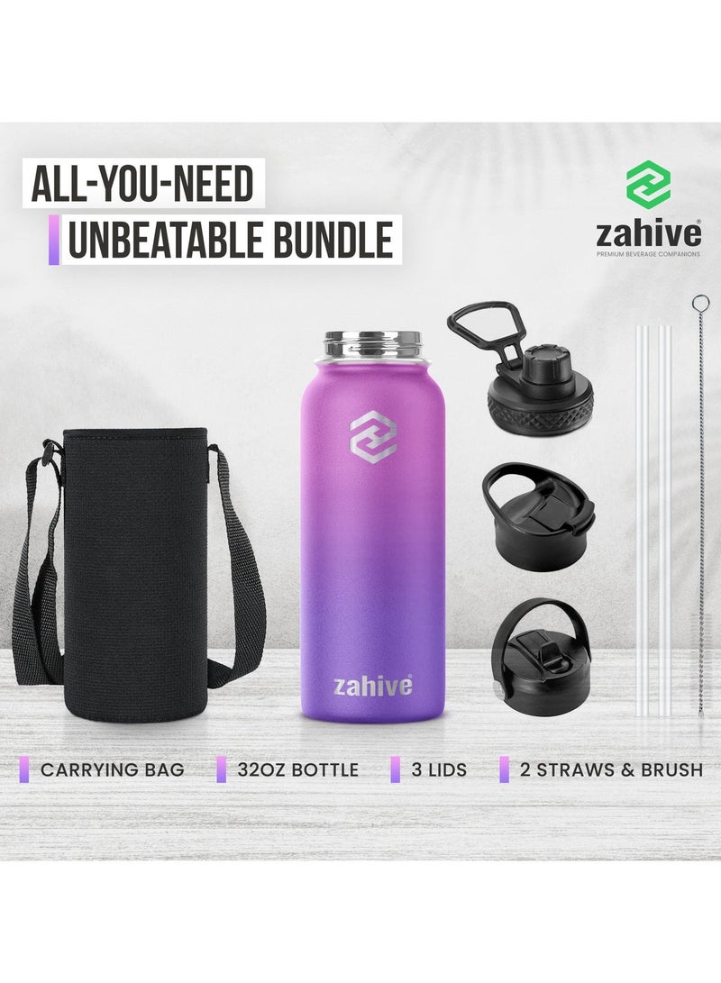 Zahive Insulated Stainless Steel Water Bottle 1000ml with Straw, 3 Lids & Bag - Double Wall Vacuum Thermos for Hot & Cold Drinks, Leak Proof, Wide Mouth, Black - Image 2