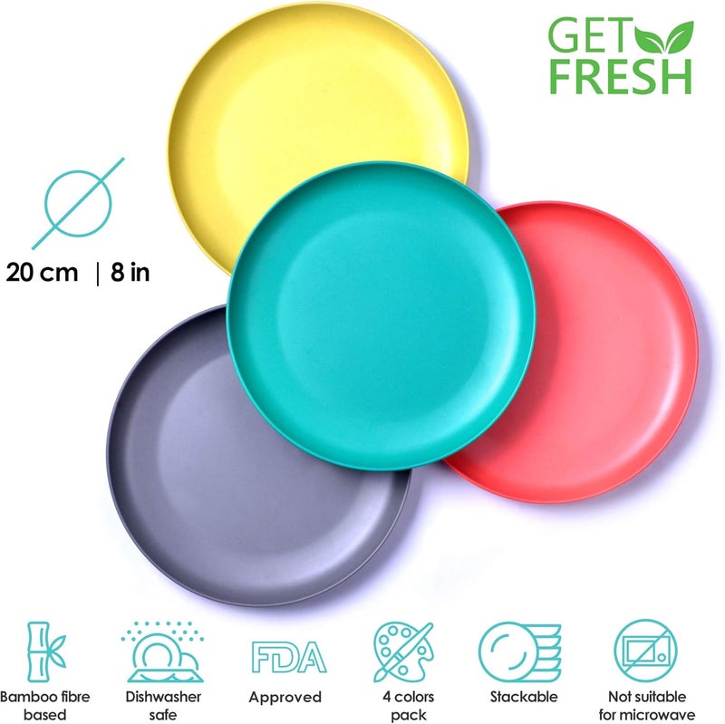 Get Fresh مجموعة أطباق الأطفال من GET FRESH من الخيزران 4 قطع أطباق عشاء قابلة لإعادة الاستخدام للأطفال أطباق ملونة من ألياف الخيزران لمجموعة عشاء الأطفال للاستخدام اليومي - Image 3