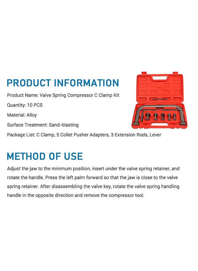Generic - 10 PCS Valve Spring Compressor C Clamp Kit Free Disassemble Valve Spring Assembly Removal Tool with Collet Pusher Adapters, Extension Rods, Lever - Image 1