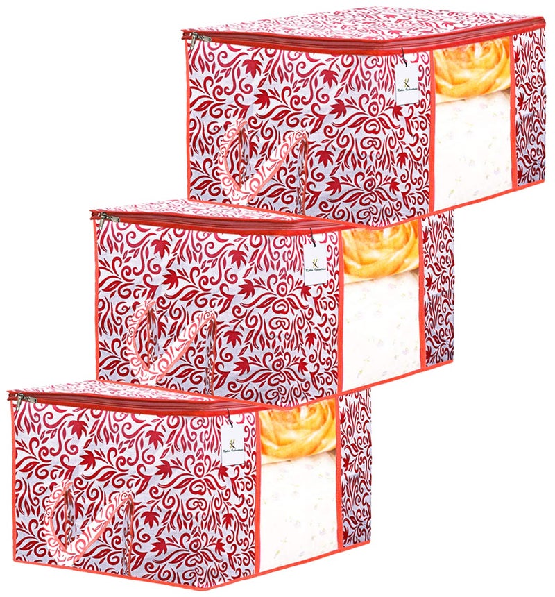 Kuber Industries Leaf Design 3 Piece Non Woven Underbed Storage BagStorage OrganiserBlanket Cover with Transparent WindowExtra Large Red CTKTC34493 - Image 1