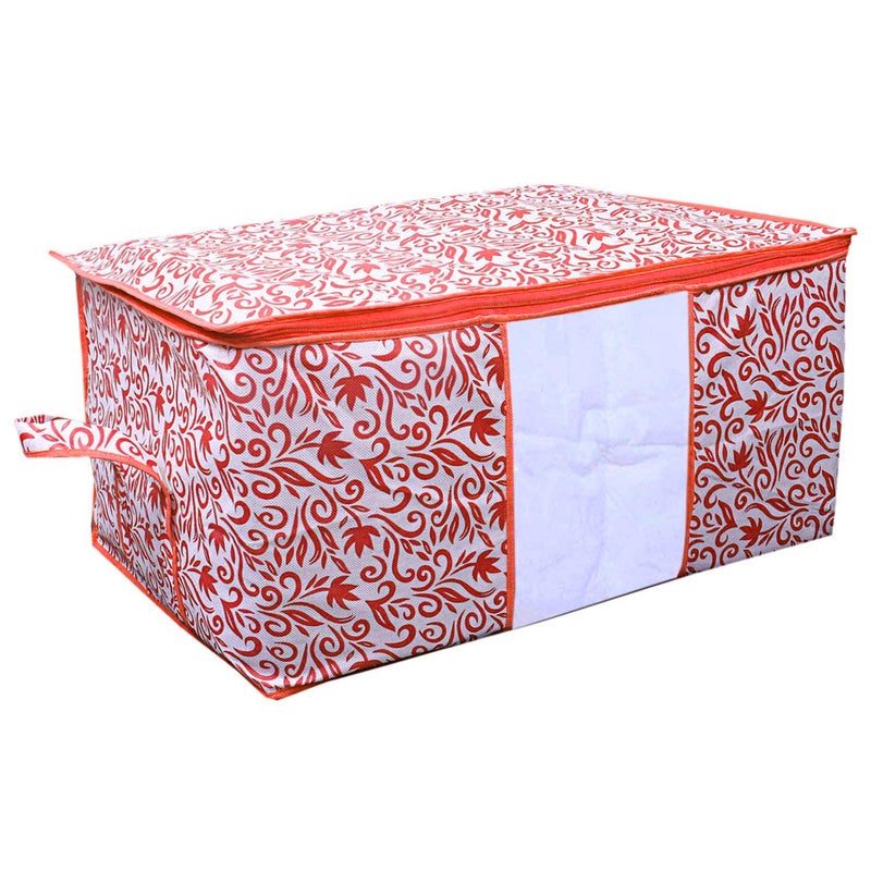 Kuber Industries Leaf Design 3 Piece Non Woven Underbed Storage BagStorage OrganiserBlanket Cover with Transparent WindowExtra Large Red CTKTC34493 - Image 5