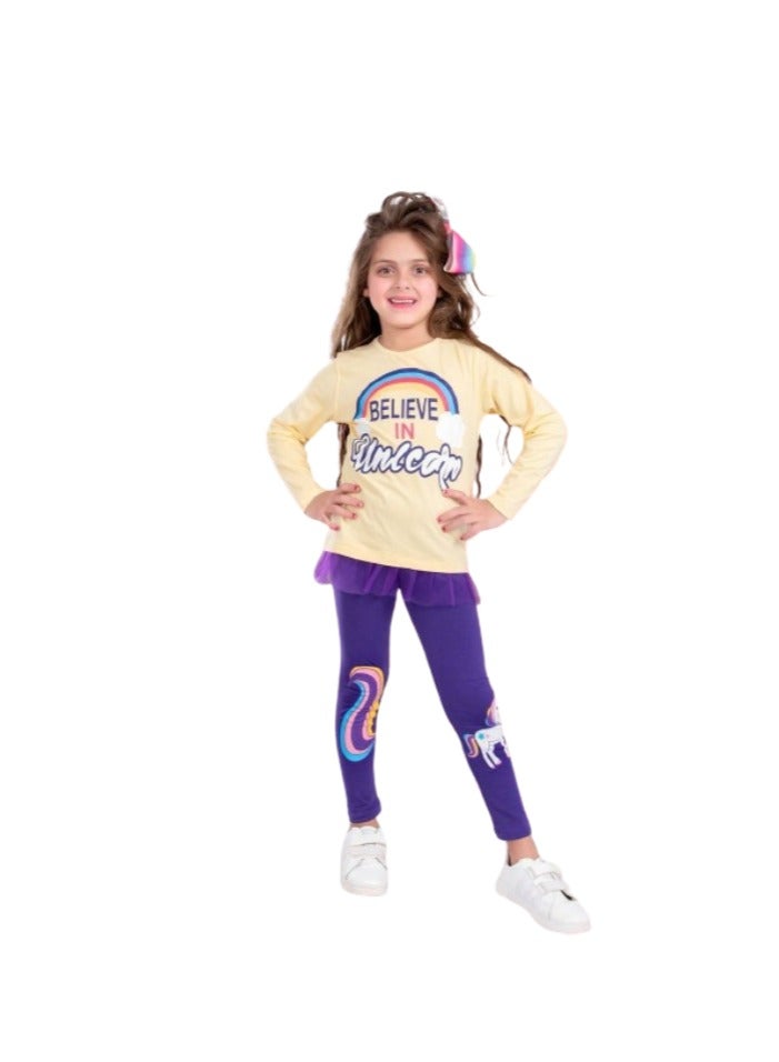 Girls' set, yellow T-shirt and mauve pants