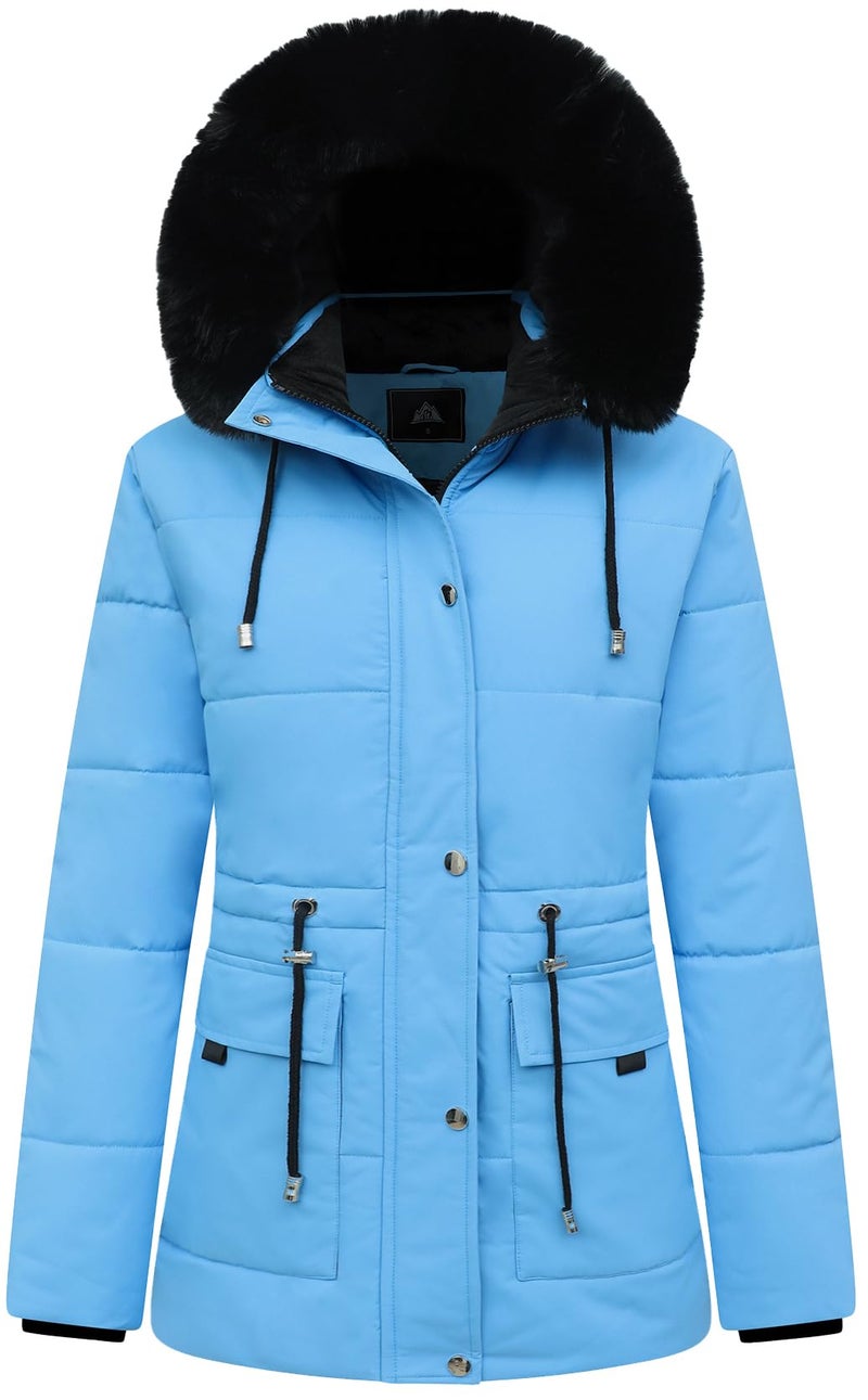 MOERDENG Womens Warm Winter Puffer Coat Thicken Fleece Lined Down Jacket Faux Fur Detachable Hood Snow Parka