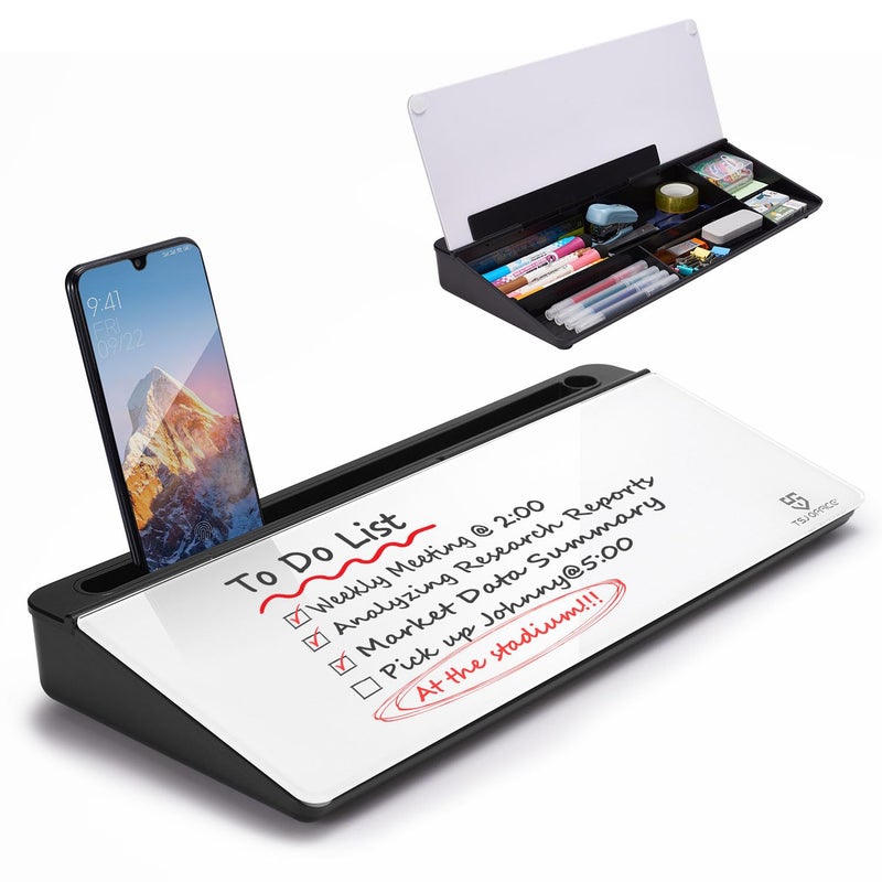 TSJ OFFICE Desktop Whiteboard Dry-Erase-Board - Computer Keyboard Stand White Board Surface Pad with Drawer, Desk Organizers with Accessories for Office, Home, School Supplies - Black - Image 1