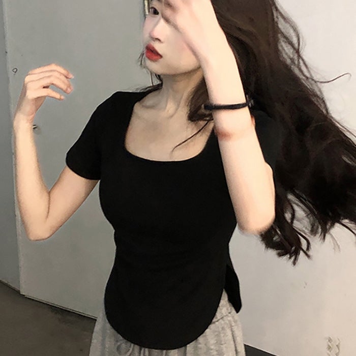 K01 [Official Picture] 180g Milk Silk Pure Color Short-Sleeved Slim-Fitting Bottoming Shirt for Women to Wear Inside and Outside Casual Tops Black