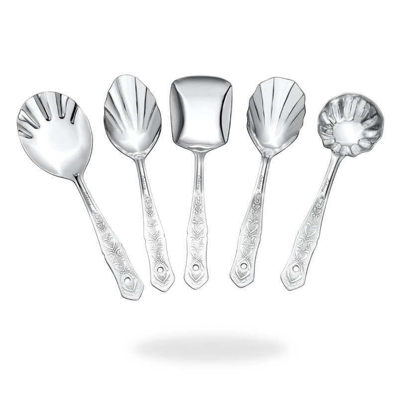 Embassy طقم ملاعق تقديم سفارة مكون من 5 قطع - مغرفة (كارشي)، ملعقة مسطحة، ملعقة أرز، ملعقة صلصة (تشامشا)، ملعقة حلويات وملعقة خضار | ستانلس ستيل ممتاز بطول 25 سم | مثالي للمنزل والمطبخ - Image 1