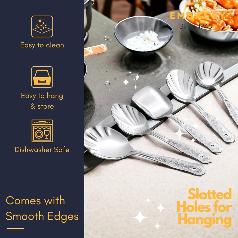 Embassy طقم ملاعق تقديم سفارة مكون من 5 قطع - مغرفة (كارشي)، ملعقة مسطحة، ملعقة أرز، ملعقة صلصة (تشامشا)، ملعقة حلويات وملعقة خضار | ستانلس ستيل ممتاز بطول 25 سم | مثالي للمنزل والمطبخ - Image 5