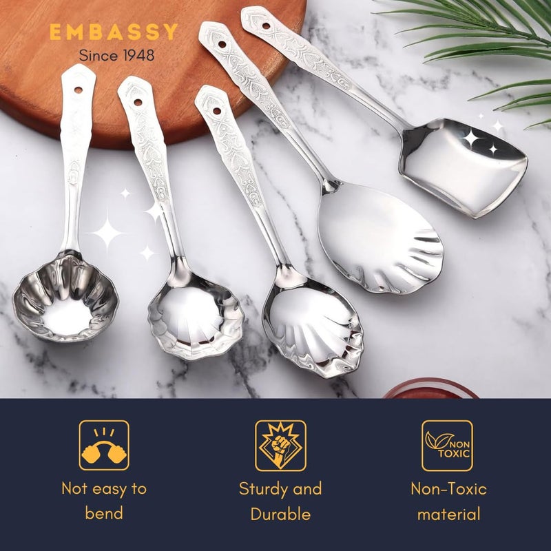Embassy طقم ملاعق تقديم سفارة مكون من 5 قطع - مغرفة (كارشي)، ملعقة مسطحة، ملعقة أرز، ملعقة صلصة (تشامشا)، ملعقة حلويات وملعقة خضار | ستانلس ستيل ممتاز بطول 25 سم | مثالي للمنزل والمطبخ - Image 4