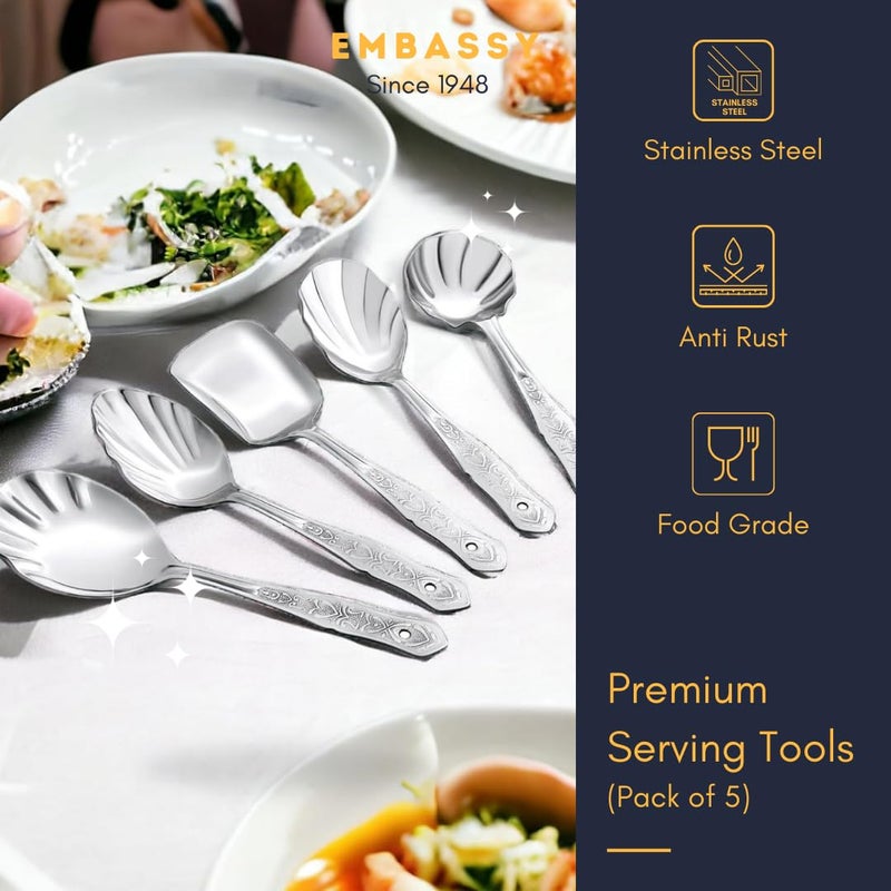 Embassy طقم ملاعق تقديم سفارة مكون من 5 قطع - مغرفة (كارشي)، ملعقة مسطحة، ملعقة أرز، ملعقة صلصة (تشامشا)، ملعقة حلويات وملعقة خضار | ستانلس ستيل ممتاز بطول 25 سم | مثالي للمنزل والمطبخ - Image 3