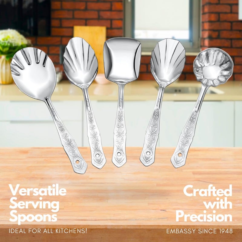 Embassy طقم ملاعق تقديم سفارة مكون من 5 قطع - مغرفة (كارشي)، ملعقة مسطحة، ملعقة أرز، ملعقة صلصة (تشامشا)، ملعقة حلويات وملعقة خضار | ستانلس ستيل ممتاز بطول 25 سم | مثالي للمنزل والمطبخ - Image 2