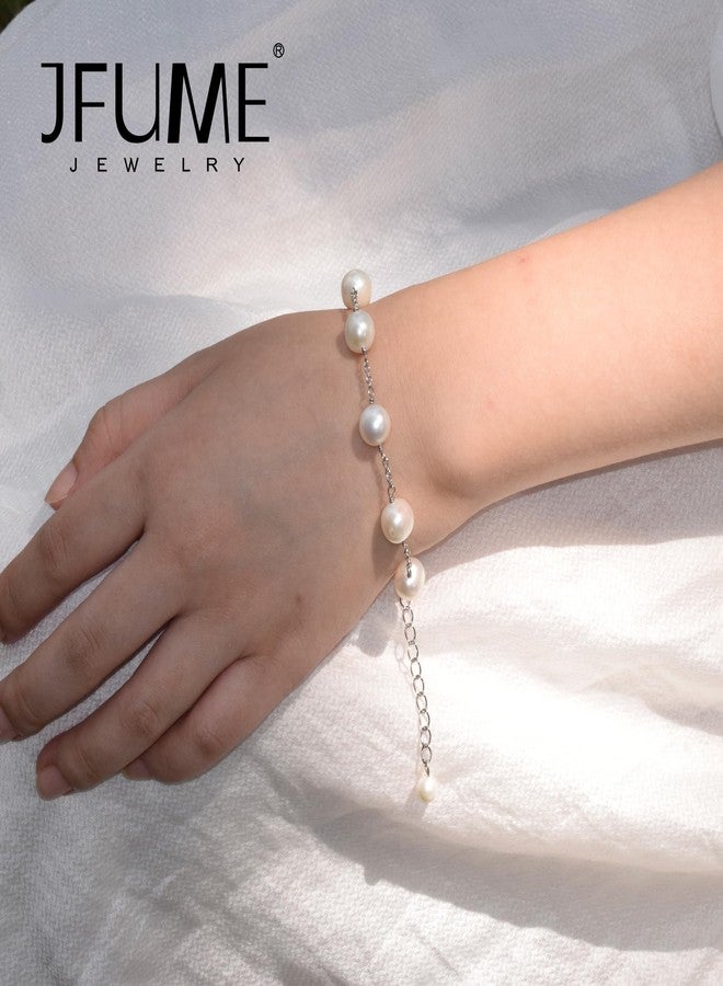 JFUME Pearl Bracelets for Women 925 Sterling Silver Rhodium Plated with 8-9mm White Cultured Freshwater Pearl Bracelet 7.5inches Adjustable - Image 5