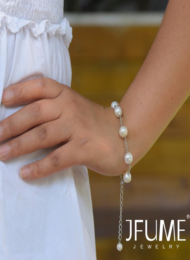 JFUME Pearl Bracelets for Women 925 Sterling Silver Rhodium Plated with 8-9mm White Cultured Freshwater Pearl Bracelet 7.5inches Adjustable - Image 4