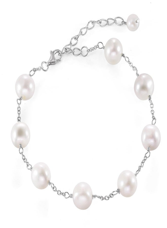 JFUME Pearl Bracelets for Women 925 Sterling Silver Rhodium Plated with 8-9mm White Cultured Freshwater Pearl Bracelet 7.5inches Adjustable - Image 1