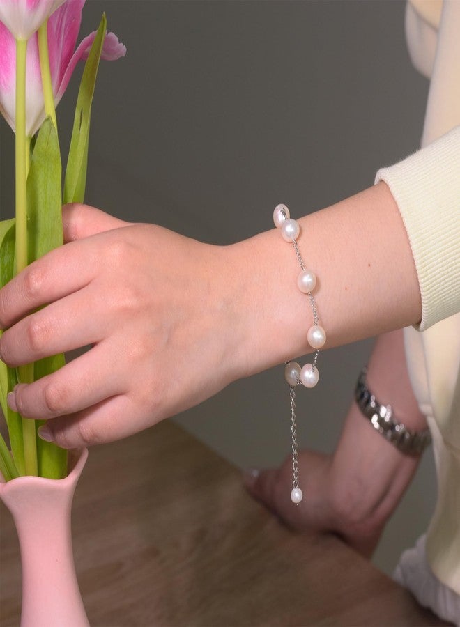 JFUME Pearl Bracelets for Women 925 Sterling Silver Rhodium Plated with 8-9mm White Cultured Freshwater Pearl Bracelet 7.5inches Adjustable - Image 3