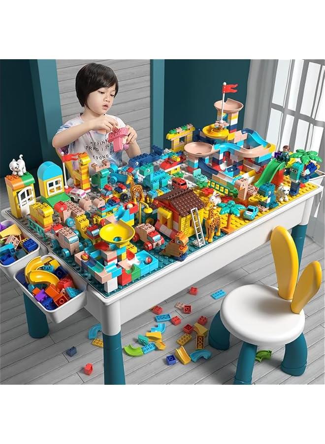 تراسل مجموعة طاولة انشطة للاطفال من هوكور مكونة من 502 قطعة مع كرسيين و4 صناديق تخزين وطاولة مكعبات كبيرة الحجم، طاولة تعليمية متعددة الوظائف للاطفال مع مساحة تخزين، ألوان مختلطة - Image 1