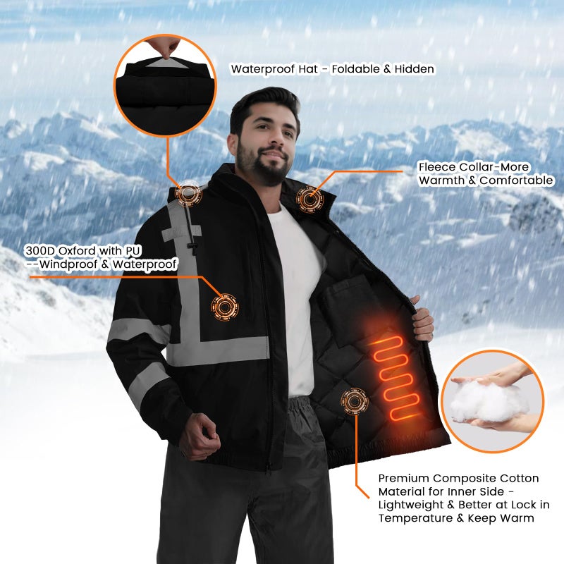 TCCFCCT High Visibility Jacket Waterproof Hi Vis Jacket for Men & Women, Warm Reflective Jackets for Men with Pockets, Construction Coats for Cold Weather, High Vis Rain Gear for Safety, J-Black, L - Image 5