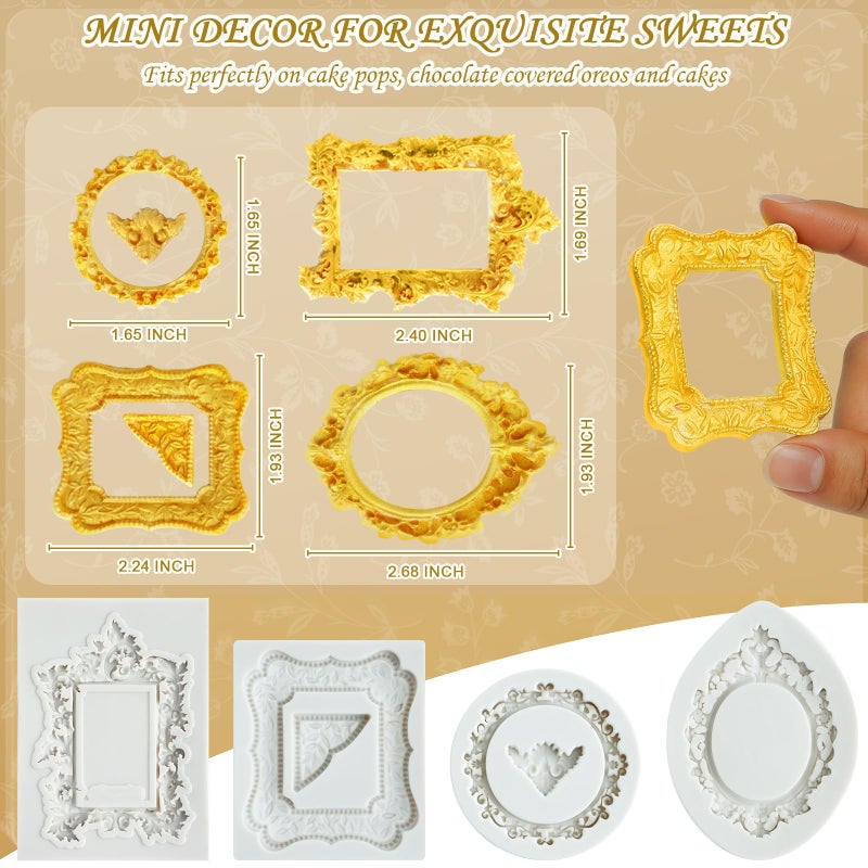 HKNMTT Picture Frame Molds Silicone Baroque Vintage for Fondant Candy Clay Covered Oreo Cake Photo Decorating Cupcake Toppers, 4 Shaped Round Square Frame Moulds Craft DIY Supplies Set - Image 2