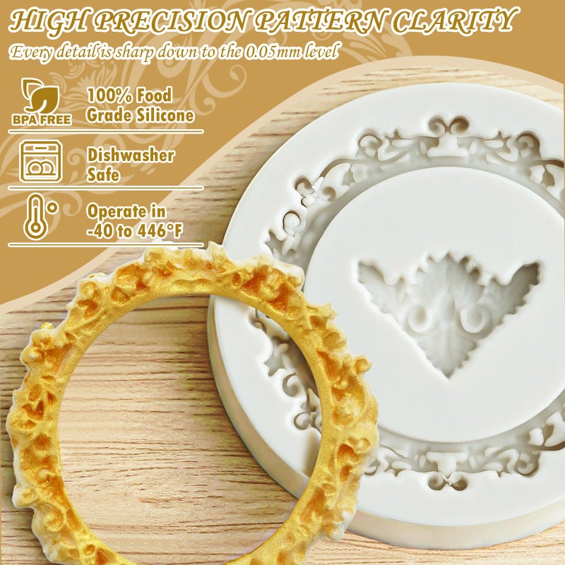 HKNMTT Picture Frame Molds Silicone Baroque Vintage for Fondant Candy Clay Covered Oreo Cake Photo Decorating Cupcake Toppers, 4 Shaped Round Square Frame Moulds Craft DIY Supplies Set - Image 3