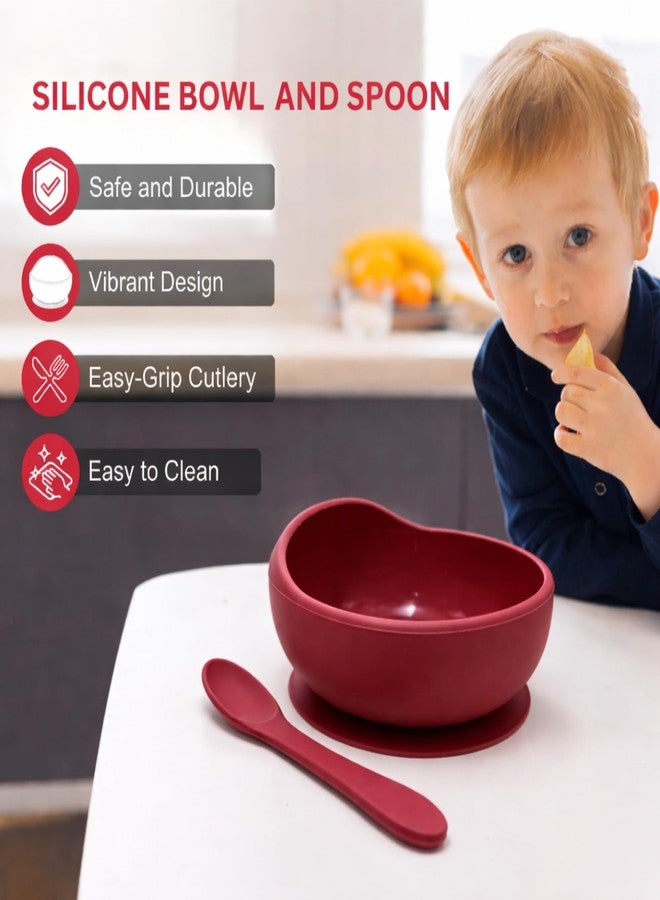 Nestlooms Baby Feeding Bowl & Spoon I Silicone Unbreakable Non-Slip Suction Base Design I BPA Free, Dishwasher, Freezer & Microwave Safe I Feeding Kit for Infants & Toddler (Mulberry Red) - Image 2