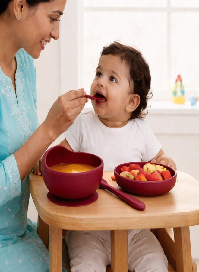 Nestlooms Baby Feeding Bowl & Spoon I Silicone Unbreakable Non-Slip Suction Base Design I BPA Free, Dishwasher, Freezer & Microwave Safe I Feeding Kit for Infants & Toddler (Mulberry Red) - Image 3