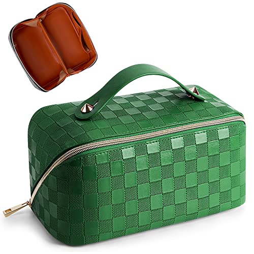 Cessfle Travel Makeup Bag, Checkered Makeup Bag Large Capacity Cosmetic Bag, Parallel Makeup Bag Large Makeup Bags for Women with Handle and Divider - Image 1