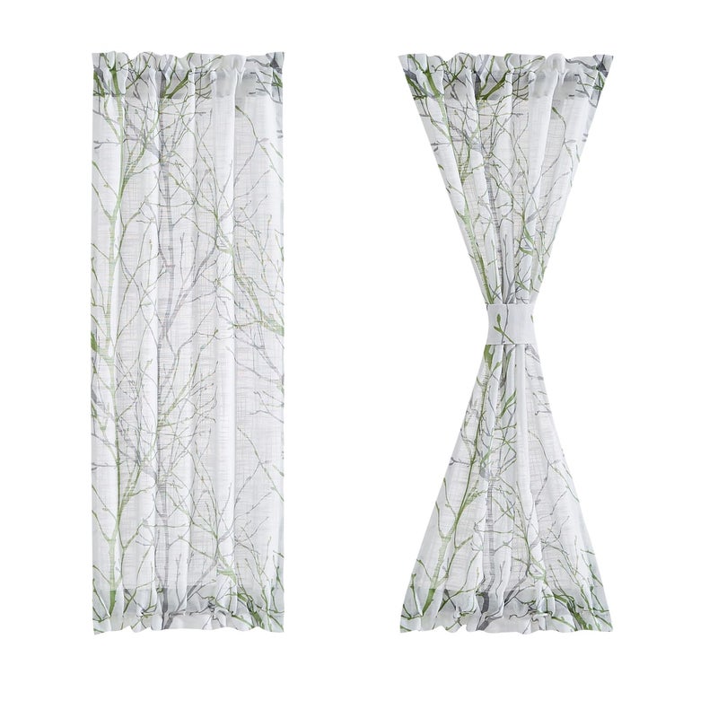 FMFUNCTEX Sidelight Sheer French Door Curtains 72"" Long White  Green and Grey Print Branch Semi-Sheer Door Panels for Front Patio Door 24 w 2 pk - Image 1