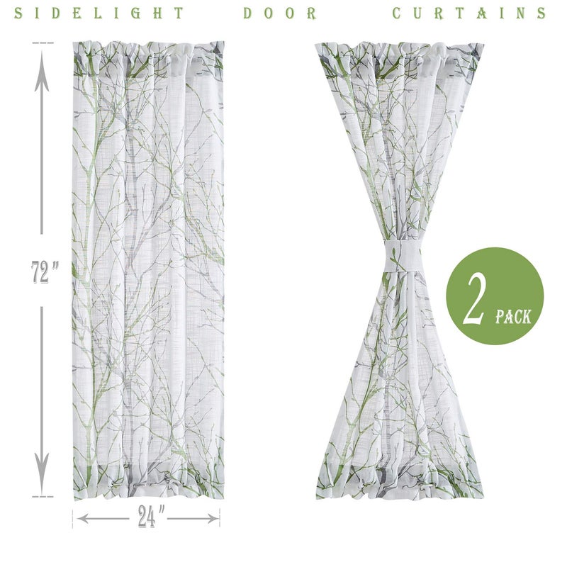 FMFUNCTEX Sidelight Sheer French Door Curtains 72"" Long White  Green and Grey Print Branch Semi-Sheer Door Panels for Front Patio Door 24 w 2 pk - Image 2