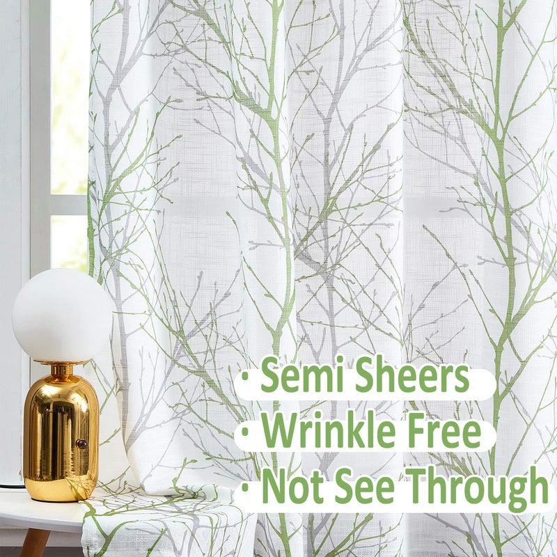 FMFUNCTEX Sidelight Sheer French Door Curtains 72"" Long White  Green and Grey Print Branch Semi-Sheer Door Panels for Front Patio Door 24 w 2 pk - Image 3