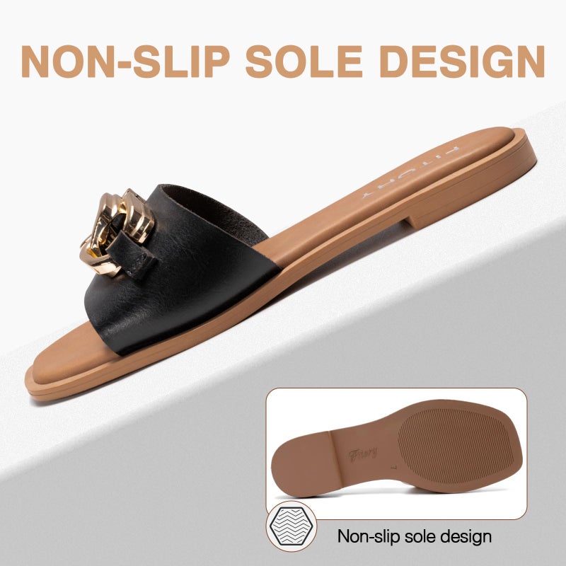 FITORY Women's Flat Sandals Fashion Slides With Soft Leather Slippers for Summer Black Size 9 - Image 4