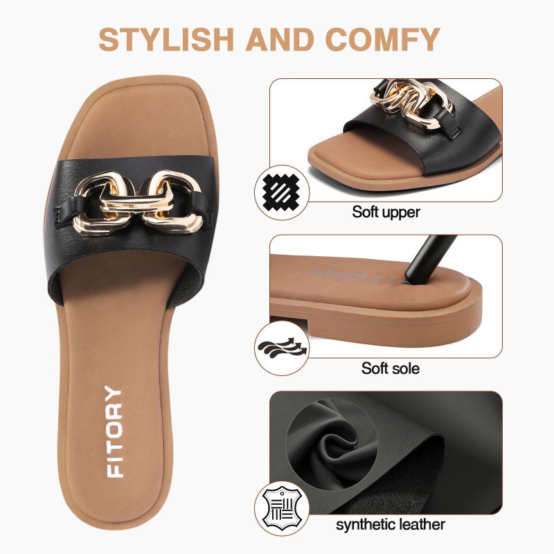 FITORY Women's Flat Sandals Fashion Slides With Soft Leather Slippers for Summer Black Size 9 - Image 2