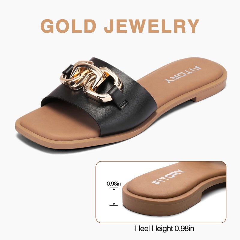 FITORY Women's Flat Sandals Fashion Slides With Soft Leather Slippers for Summer Black Size 9 - Image 3