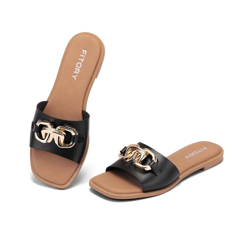FITORY Women's Flat Sandals Fashion Slides With Soft Leather Slippers for Summer Black Size 9 - Image 1