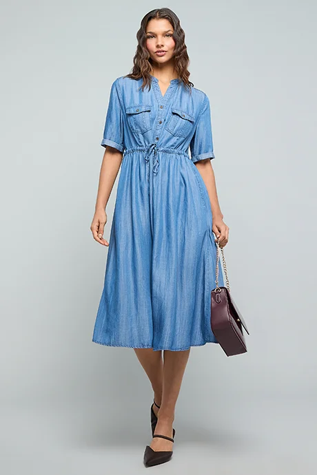 أر أند بي Washed Denim Shirt Dress With Short Sleeves